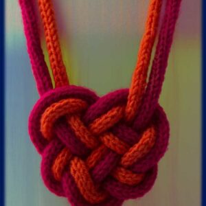 Heart, celtic knot necklace long french knitted chord orange crimson red