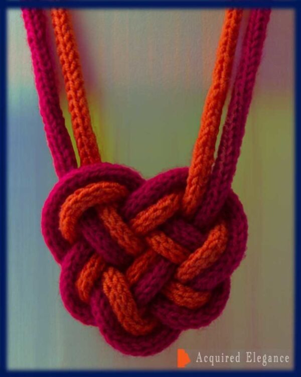Heart, celtic knot necklace long french knitted chord orange crimson red