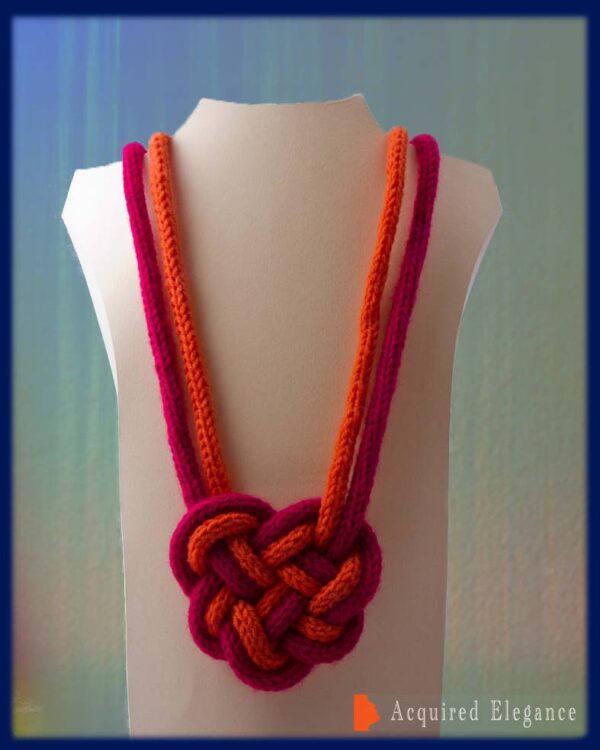 Heart, celtic knot necklace. french knit long necklace