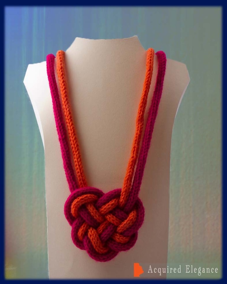 Celtic Knot Heart necklace, in crimson and orange, French knitted and
